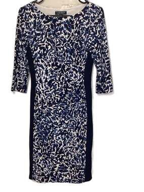Lauren Ralph Lauren Blue Abstract Floral 3/4 Sleeve Ruched Sheath Dress Size 2